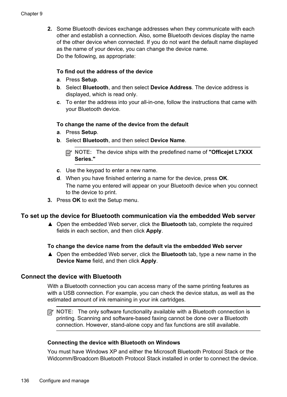 Connect the device with bluetooth, Connecting the device with bluetooth on windows | HP Officejet Pro L7380 All-in-One Printer User Manual | Page 140 / 245