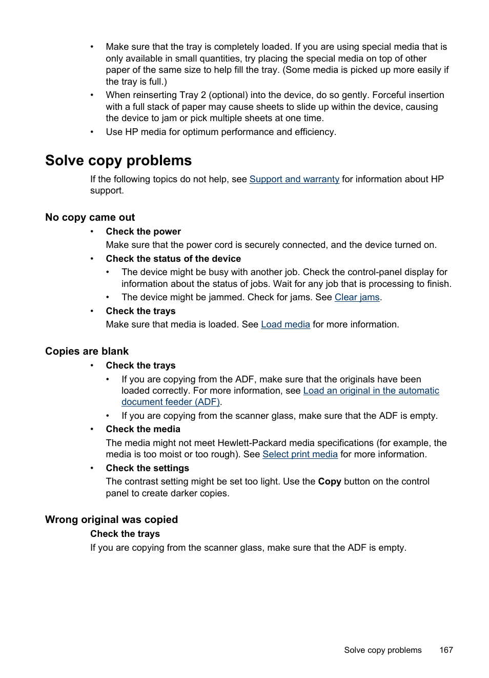 Solve copy problems, No copy came out, Copies are blank | Wrong original was copied | HP Officejet Pro L7380 All-in-One Printer User Manual | Page 171 / 245