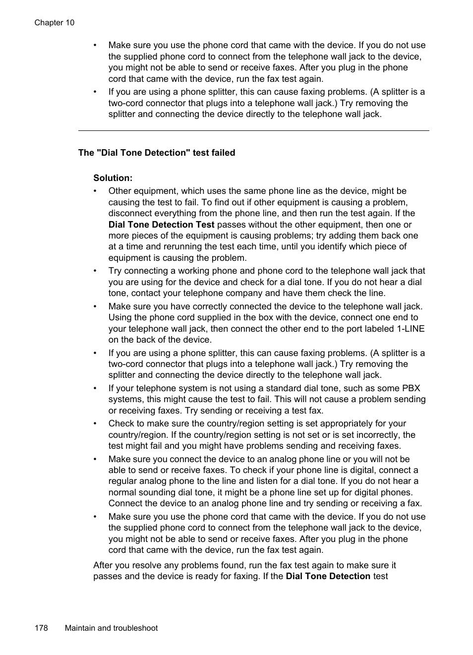 The "dial tone detection" test failed | HP Officejet Pro L7380 All-in-One Printer User Manual | Page 182 / 245