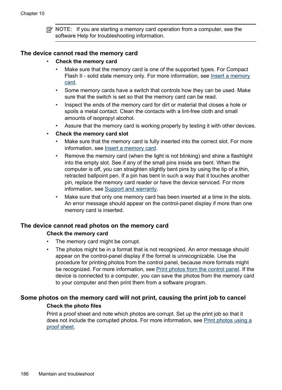 The device cannot read the memory card, The device cannot read photos on the memory card | HP Officejet Pro L7380 All-in-One Printer User Manual | Page 190 / 245