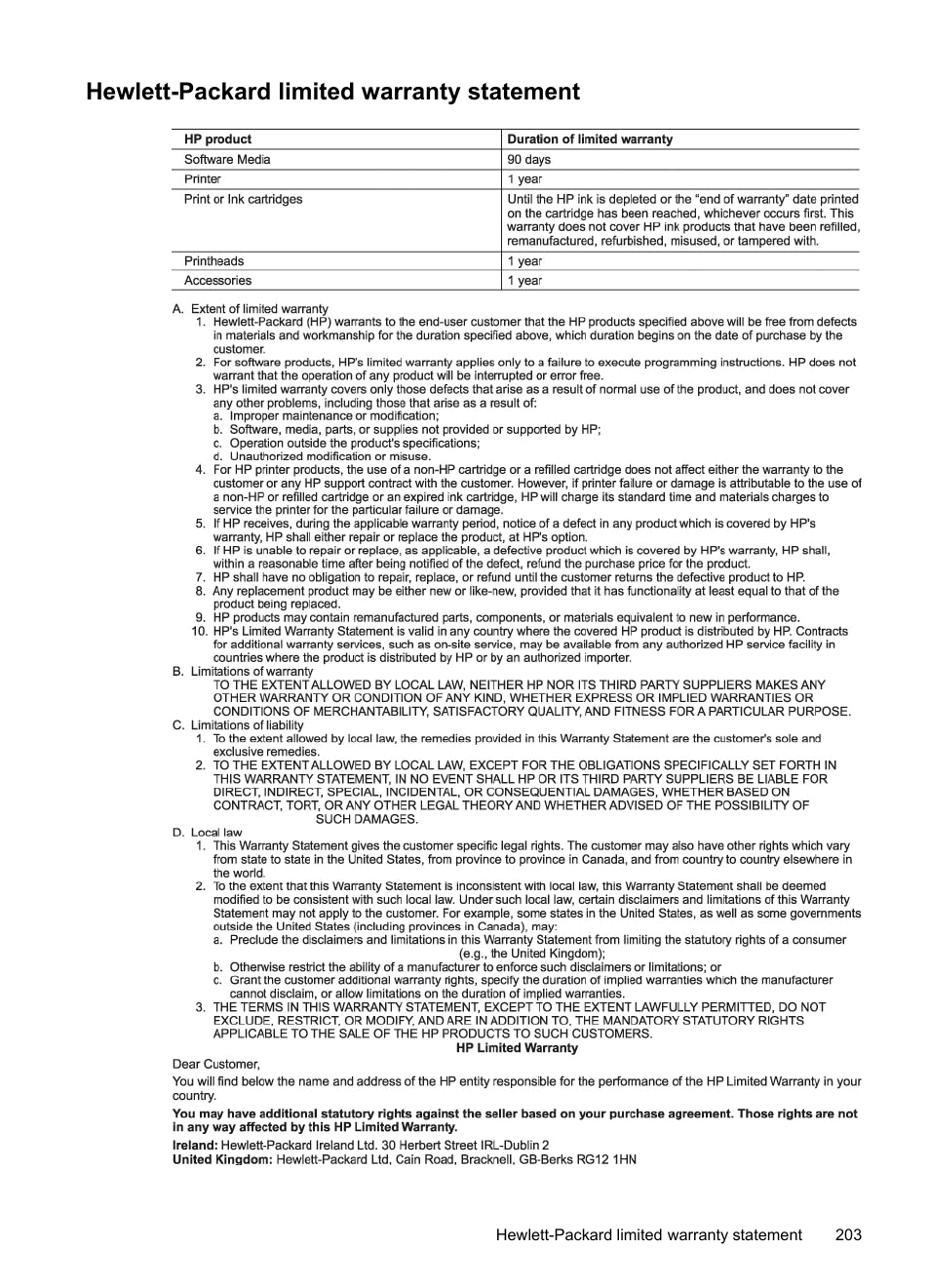 Hewlett-packard limited warranty statement | HP Officejet Pro L7380 All-in-One Printer User Manual | Page 207 / 245