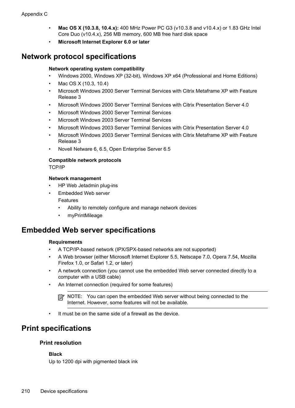 Network protocol specifications, Embedded web server specifications, Print specifications | Print resolution | HP Officejet Pro L7380 All-in-One Printer User Manual | Page 214 / 245