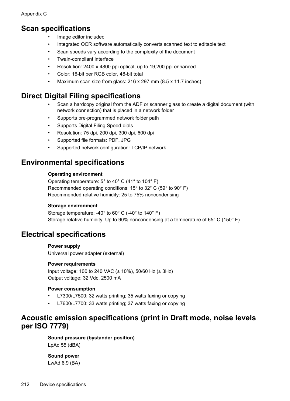 Scan specifications, Direct digital filing specifications, Environmental specifications | Electrical specifications, Electrical, Specifications | HP Officejet Pro L7380 All-in-One Printer User Manual | Page 216 / 245
