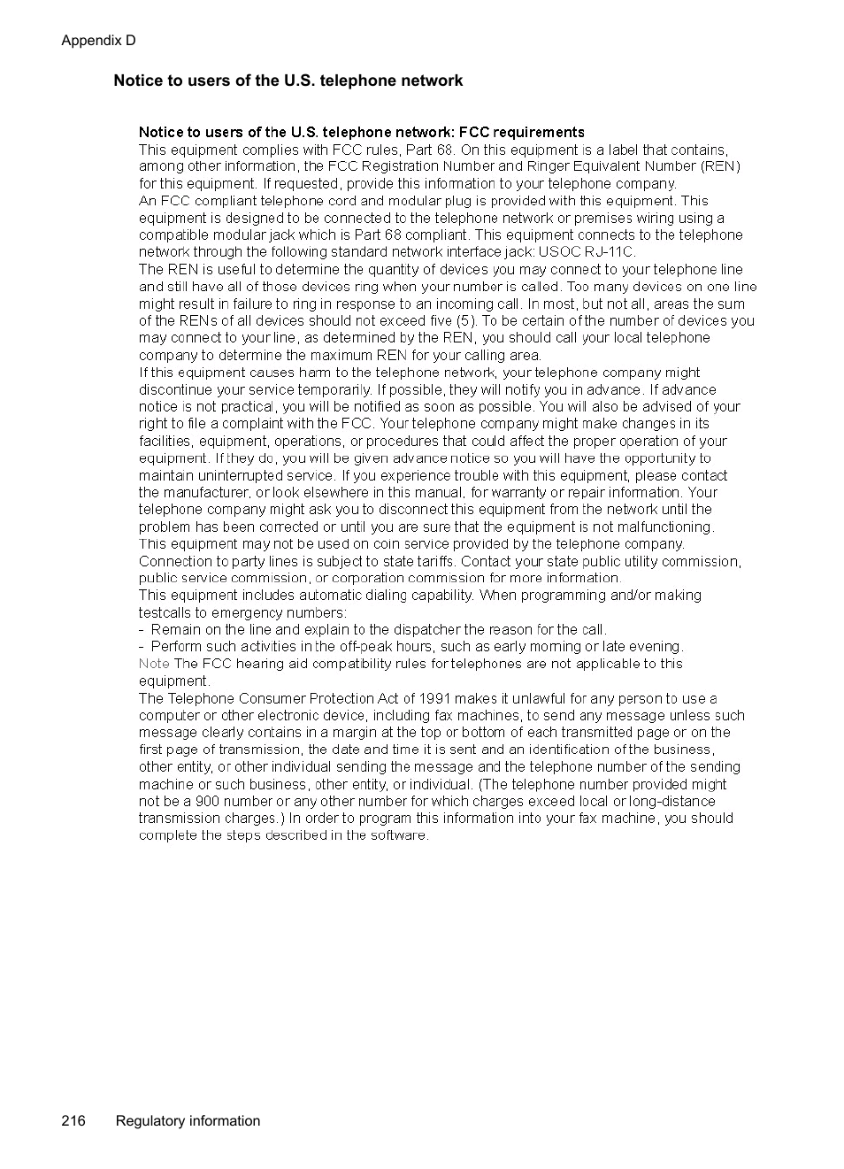 Notice to users of the u.s. telephone network | HP Officejet Pro L7380 All-in-One Printer User Manual | Page 220 / 245