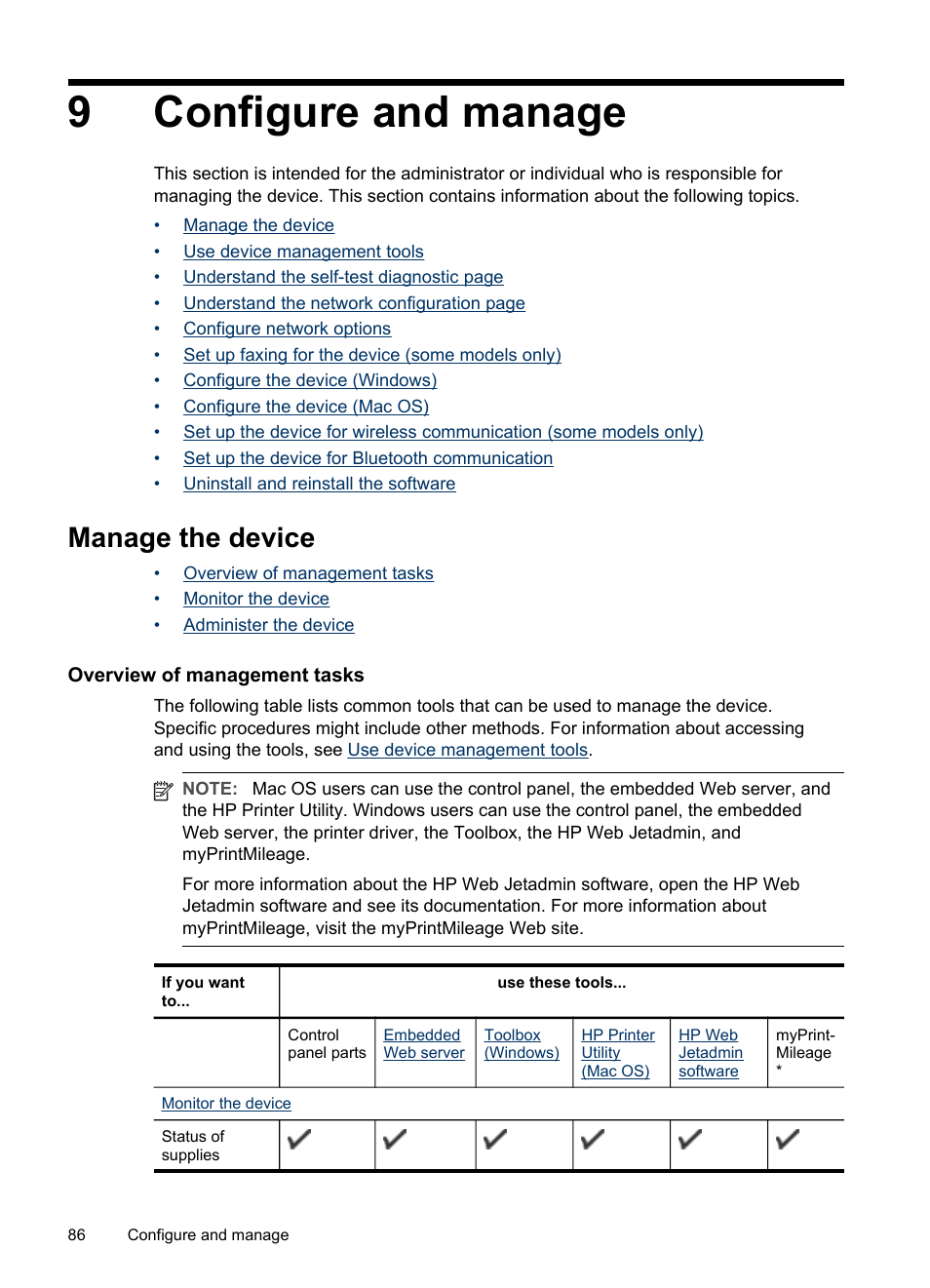 Configure and manage, Manage the device, Overview of management tasks | 9 configure and manage, 9configure and manage | HP Officejet Pro L7380 All-in-One Printer User Manual | Page 90 / 245