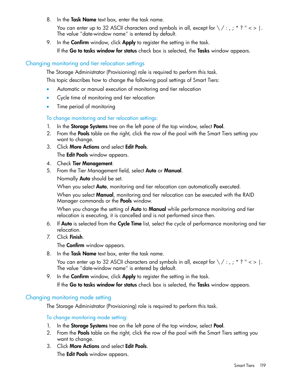 Changing monitoring and tier relocation settings, Changing monitoring mode setting | HP XP Racks User Manual | Page 119 / 486