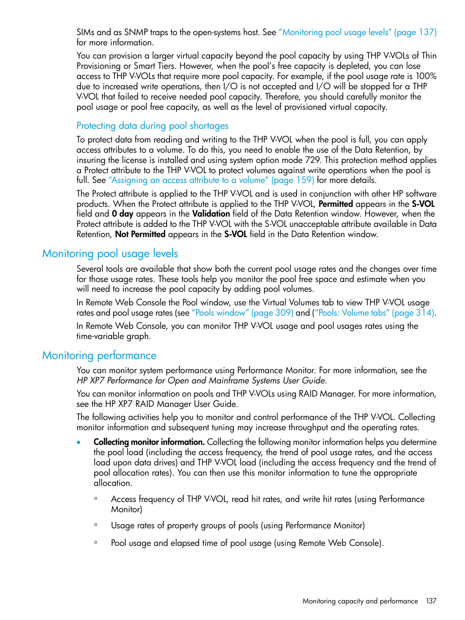 Monitoring pool usage levels, Monitoring performance | HP XP Racks User Manual | Page 137 / 486