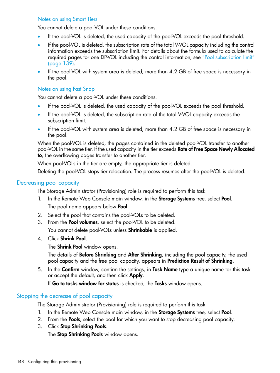 Decreasing pool capacity, Stopping the decrease of pool capacity | HP XP Racks User Manual | Page 148 / 486