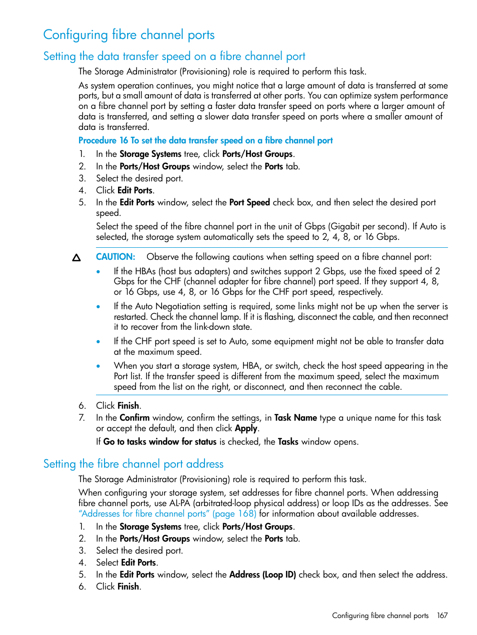 Configuring fibre channel ports, Setting the fibre channel port address | HP XP Racks User Manual | Page 167 / 486