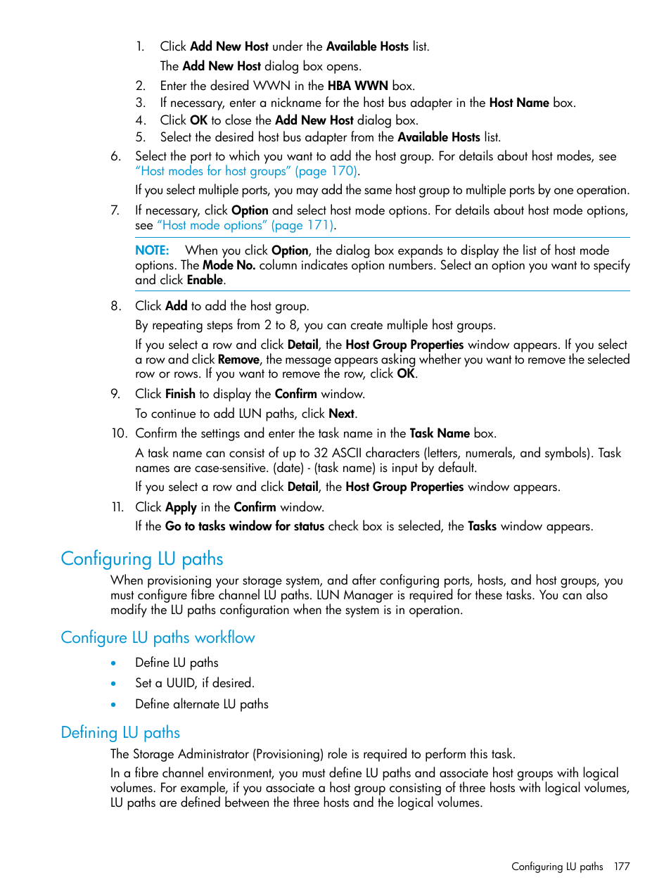 Configuring lu paths, Configure lu paths workflow, Defining lu paths | Configure lu paths workflow defining lu paths | HP XP Racks User Manual | Page 177 / 486