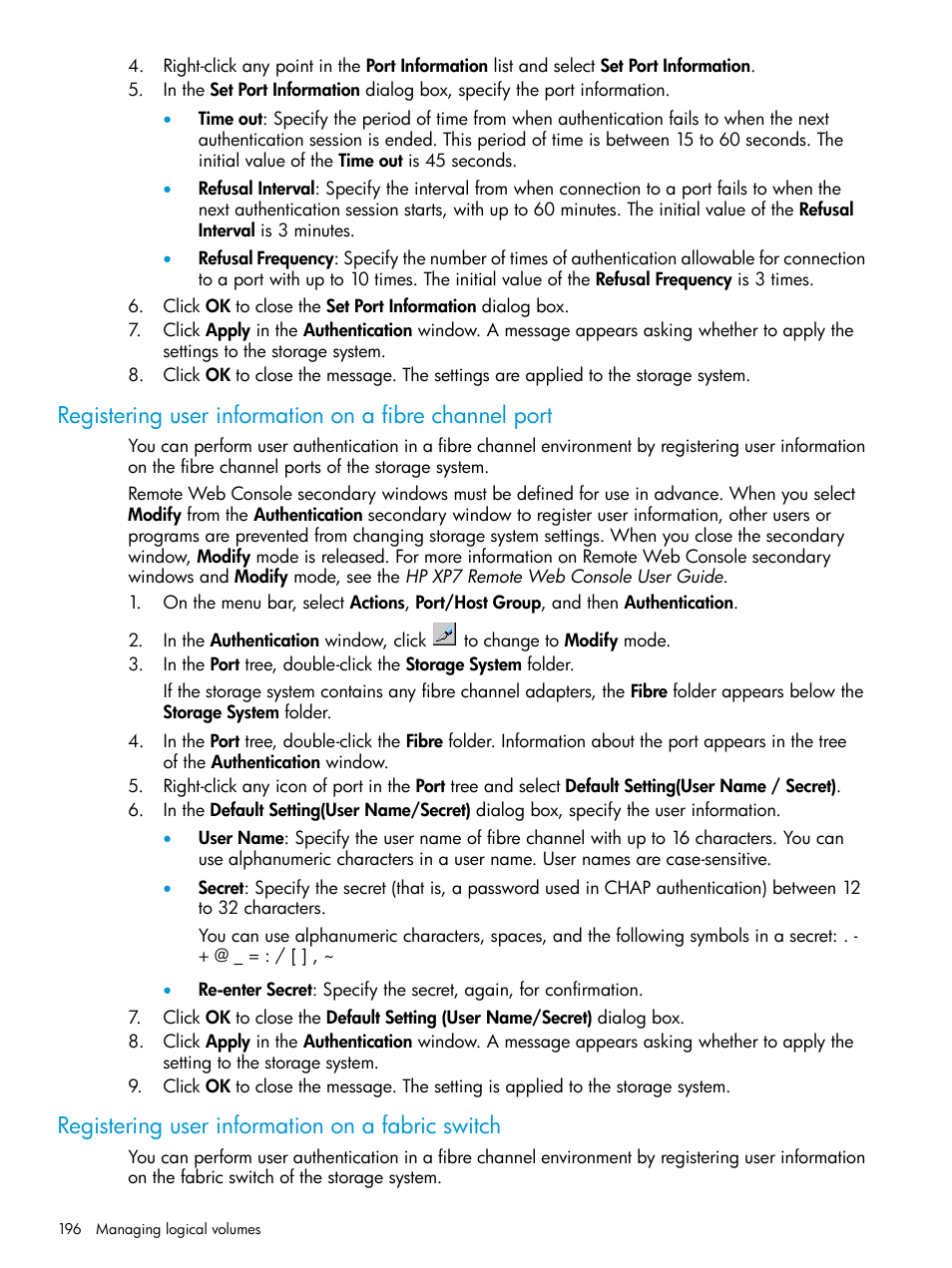 Registering user information on a fabric switch | HP XP Racks User Manual | Page 196 / 486