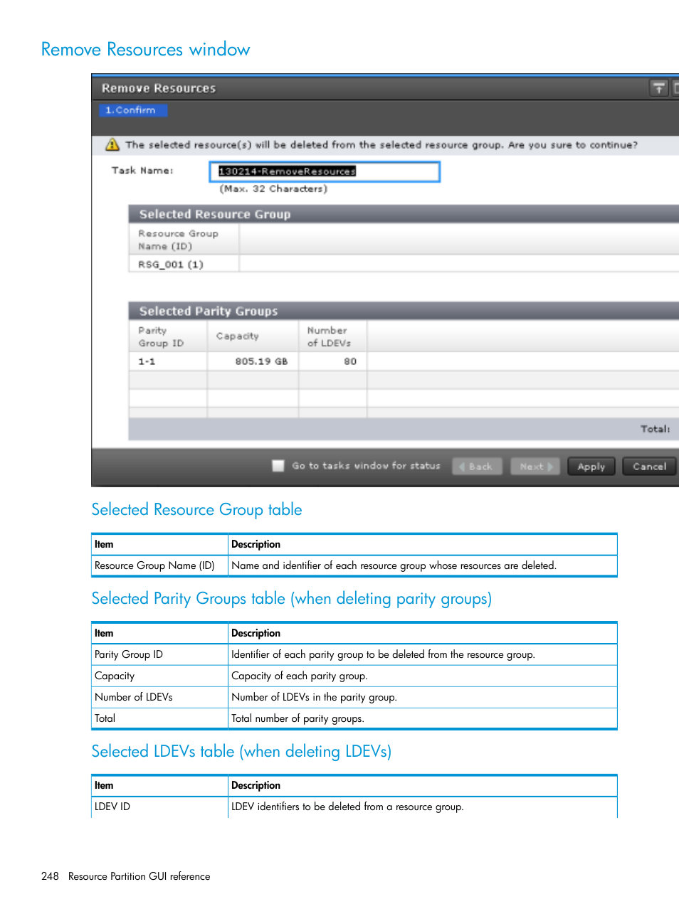 Remove resources window, Selected resource group table, Selected ldevs table (when deleting ldevs) | HP XP Racks User Manual | Page 248 / 486