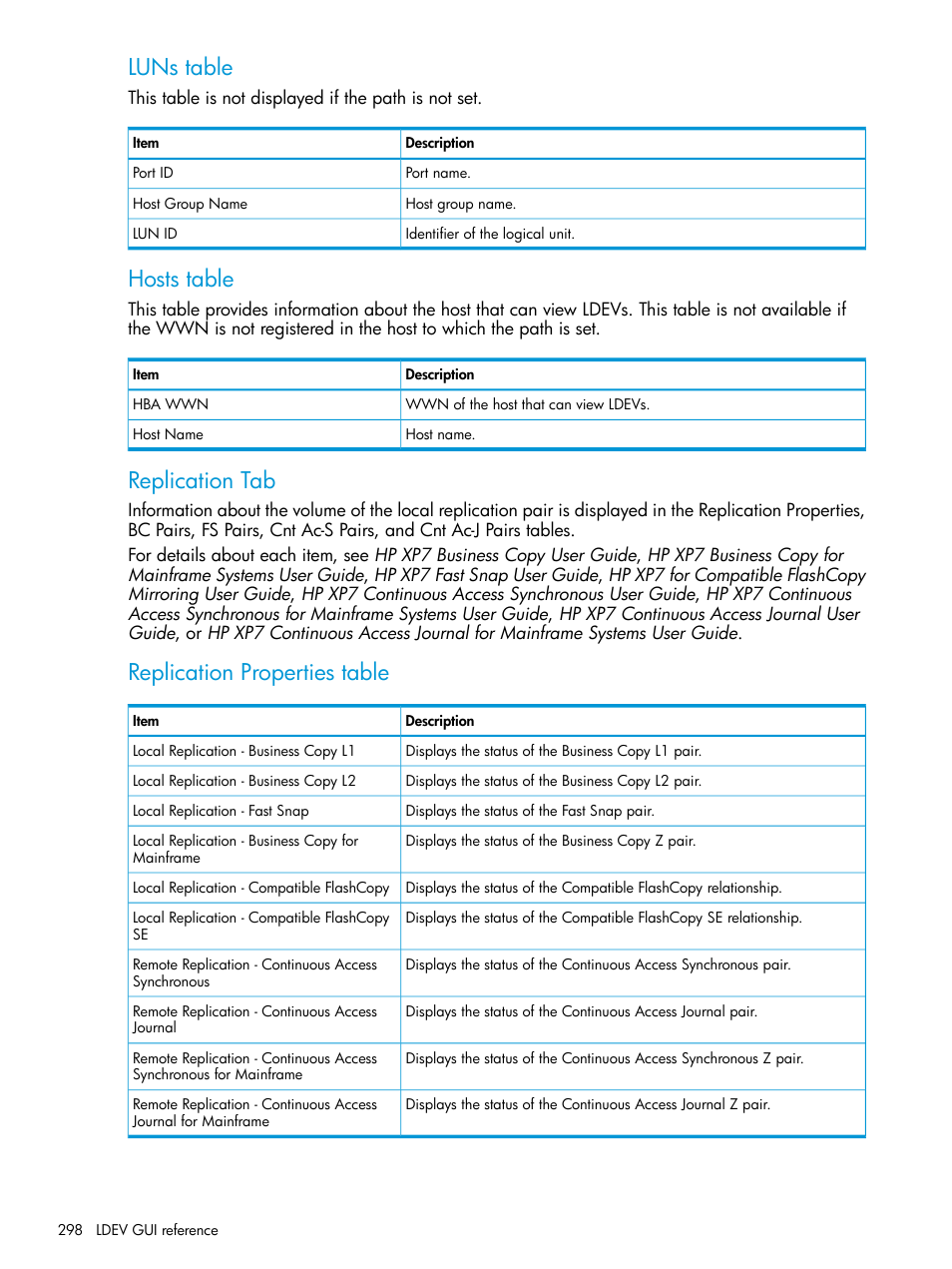Luns table, Hosts table, Replication tab | Replication properties table | HP XP Racks User Manual | Page 298 / 486