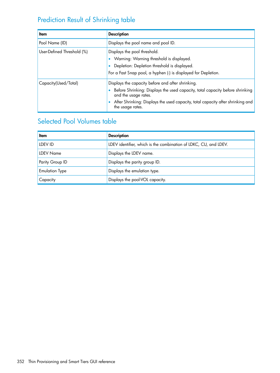 Prediction result of shrinking table, Selected pool volumes table | HP XP Racks User Manual | Page 352 / 486
