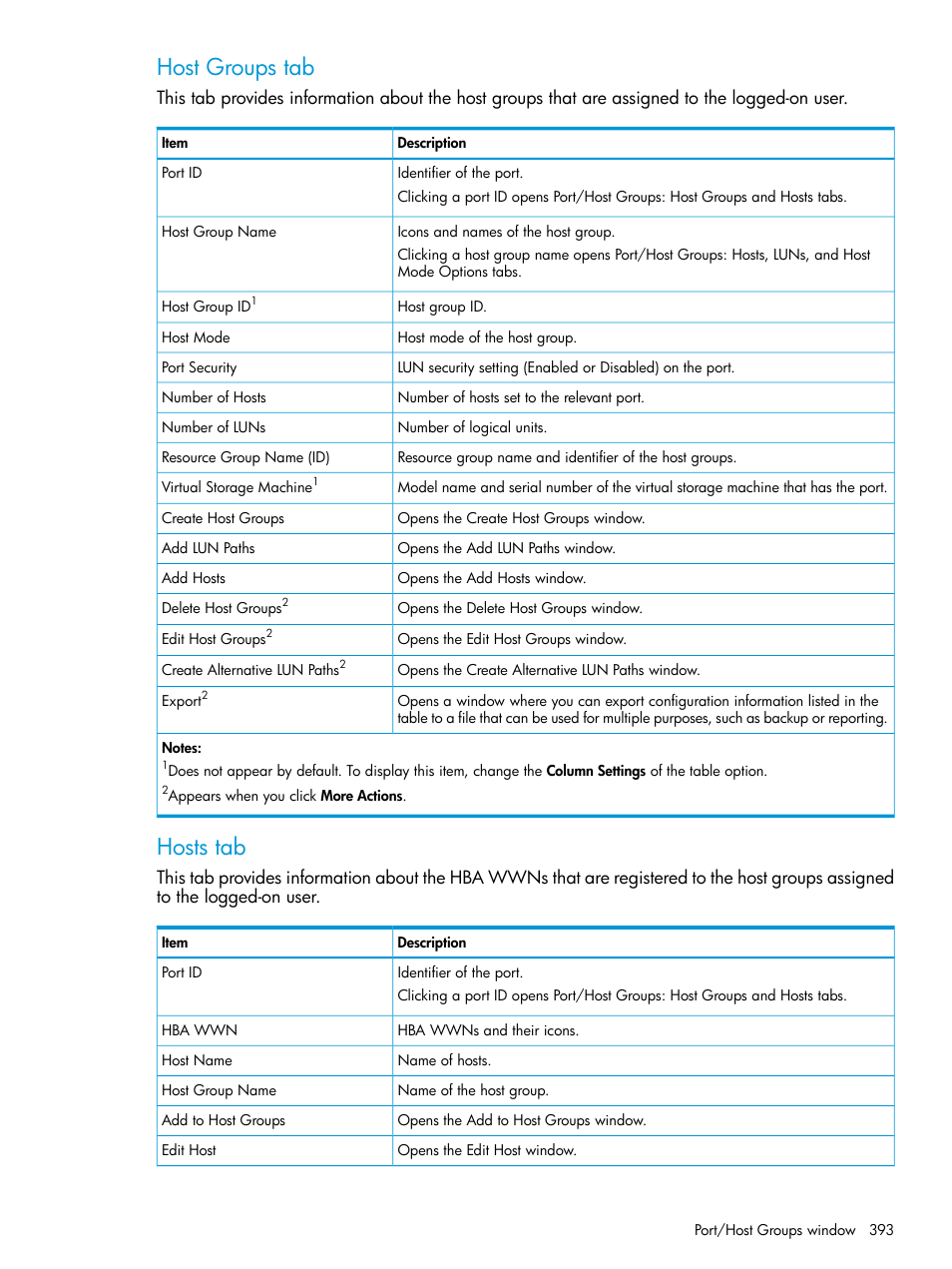 Host groups tab, Hosts tab | HP XP Racks User Manual | Page 393 / 486