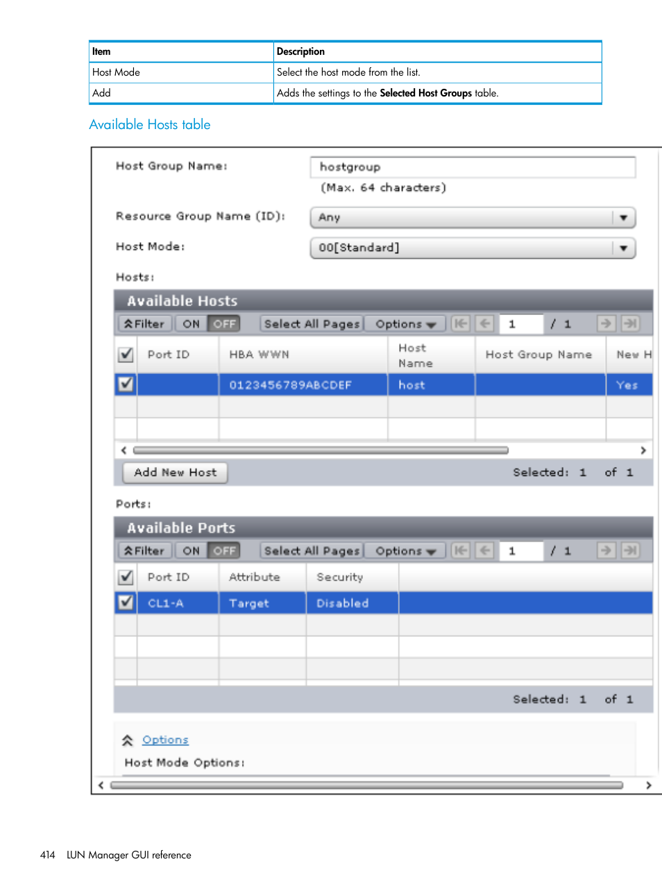 Available hosts table | HP XP Racks User Manual | Page 414 / 486
