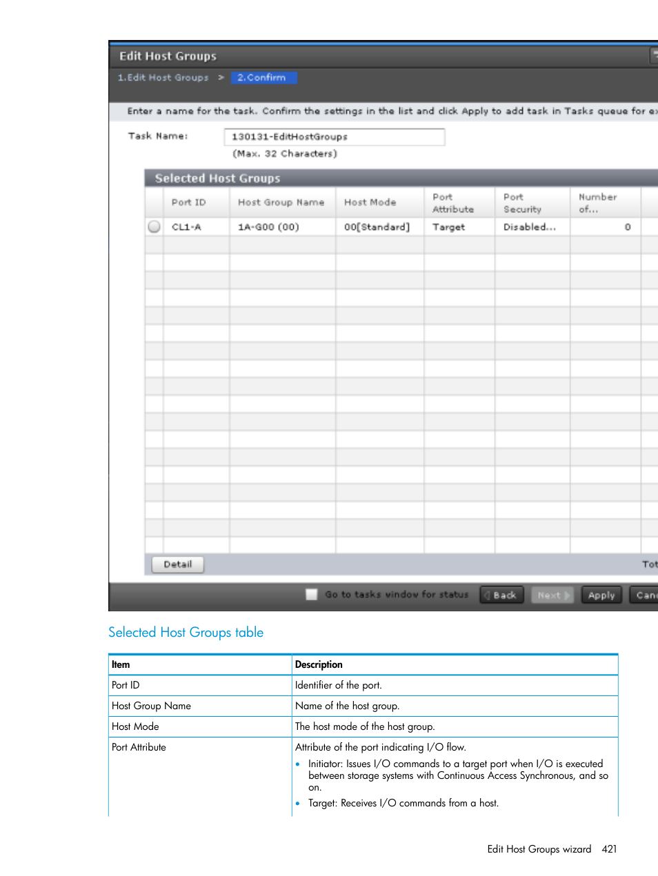 Selected host groups table | HP XP Racks User Manual | Page 421 / 486