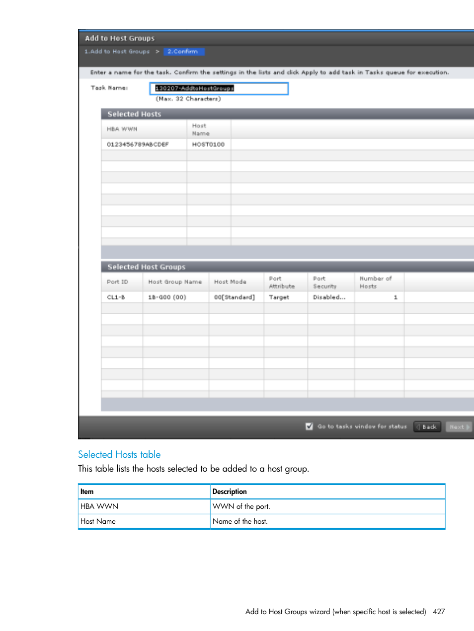 Selected hosts table | HP XP Racks User Manual | Page 427 / 486
