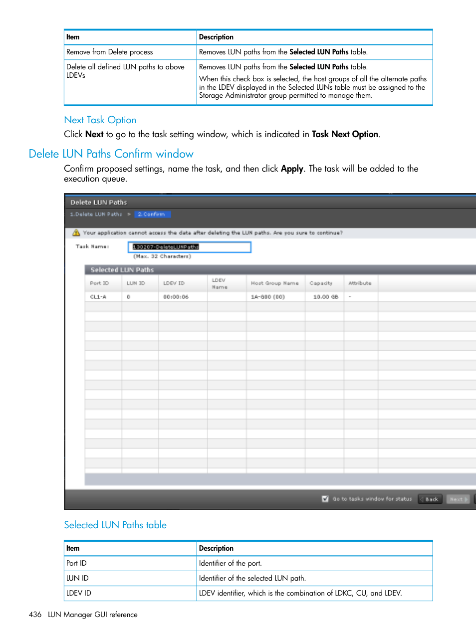 Delete lun paths confirm window, Next task option, Selected lun paths table | HP XP Racks User Manual | Page 436 / 486