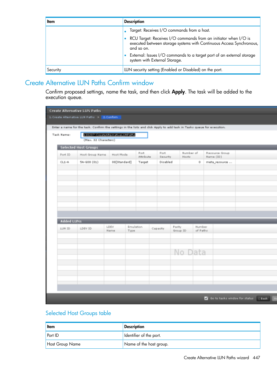 Create alternative lun paths confirm window, Selected host groups table | HP XP Racks User Manual | Page 447 / 486