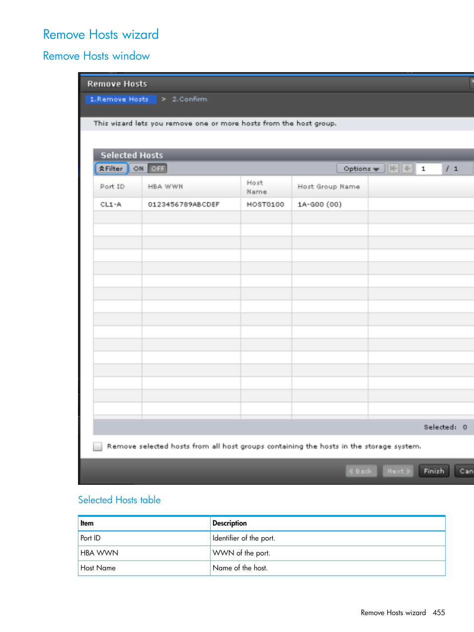 Remove hosts wizard, Remove hosts window | HP XP Racks User Manual | Page 455 / 486