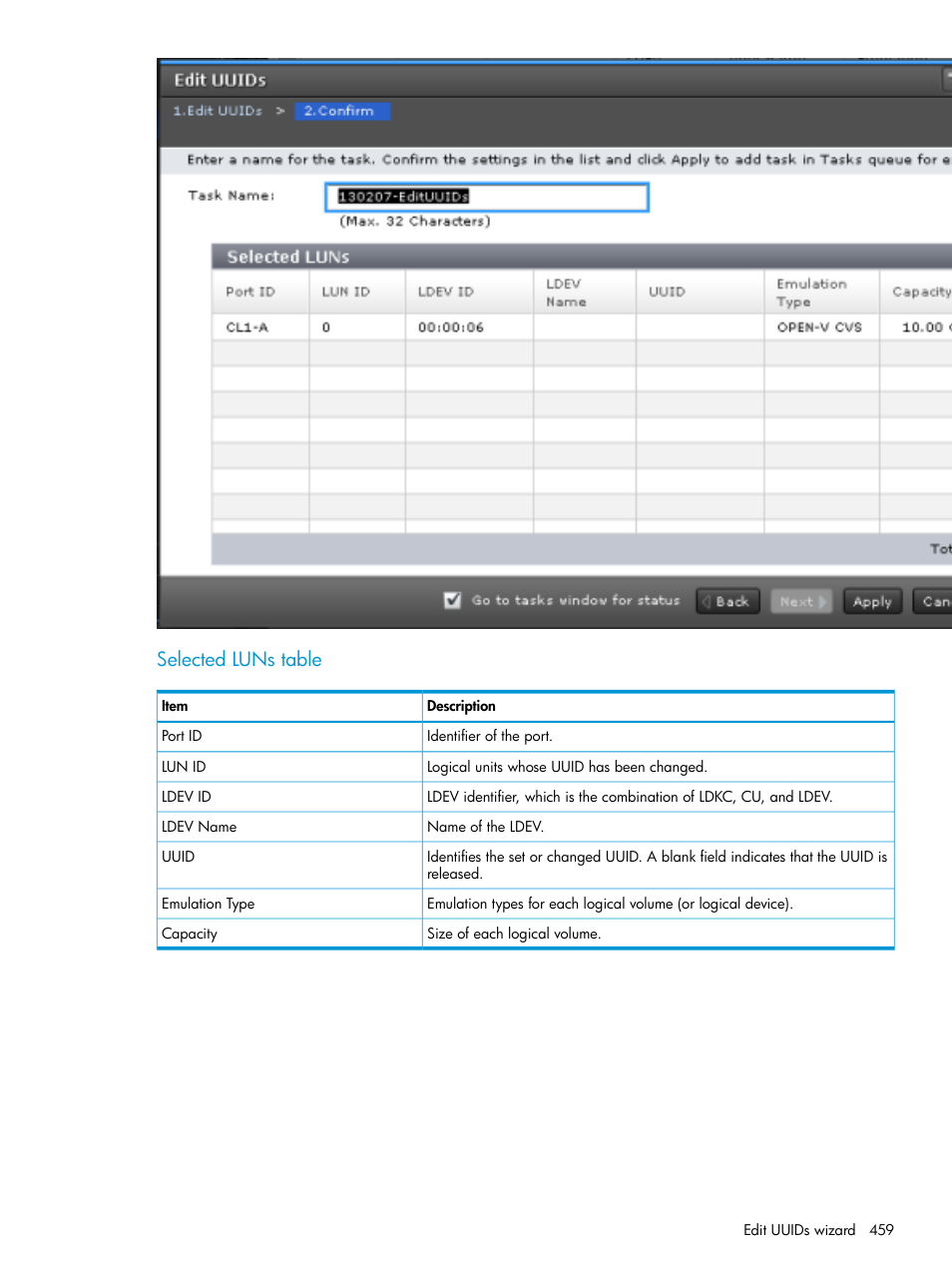 Selected luns table | HP XP Racks User Manual | Page 459 / 486