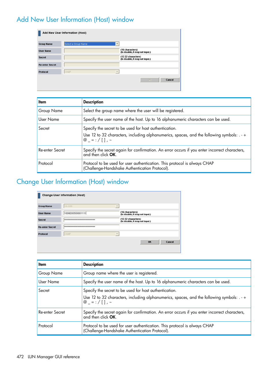 Add new user information (host) window, Change user information (host) window | HP XP Racks User Manual | Page 472 / 486
