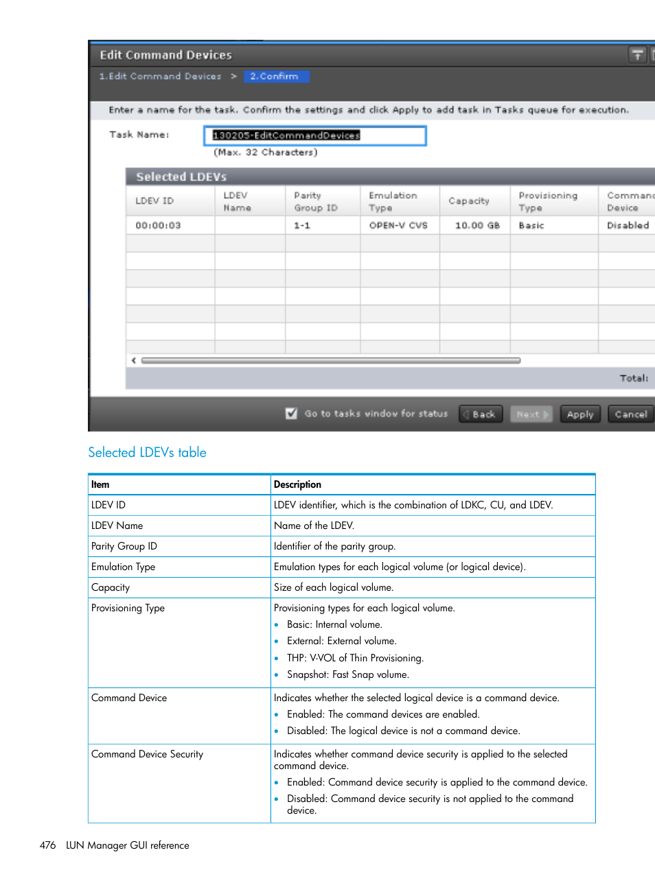 Selected ldevs table | HP XP Racks User Manual | Page 476 / 486