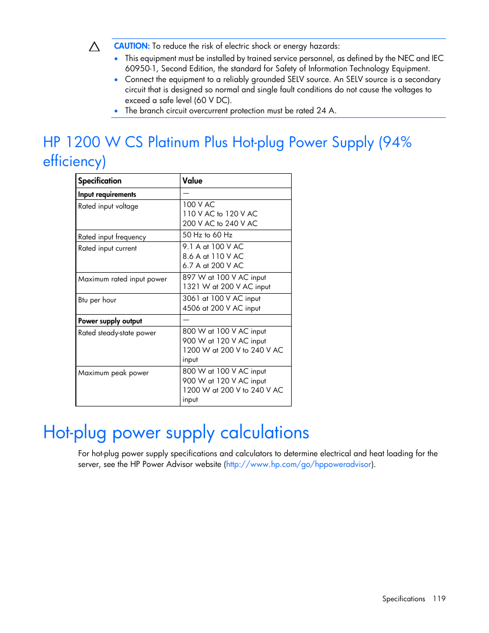 Hot-plug power supply calculations | HP ProLiant DL388e Gen8 Server User Manual | Page 119 / 136