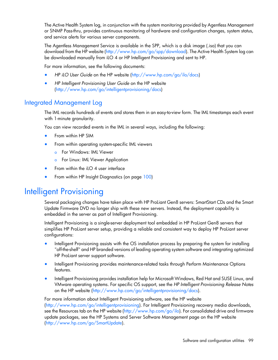 Integrated management log, Intelligent provisioning | HP ProLiant DL388e Gen8 Server User Manual | Page 99 / 136