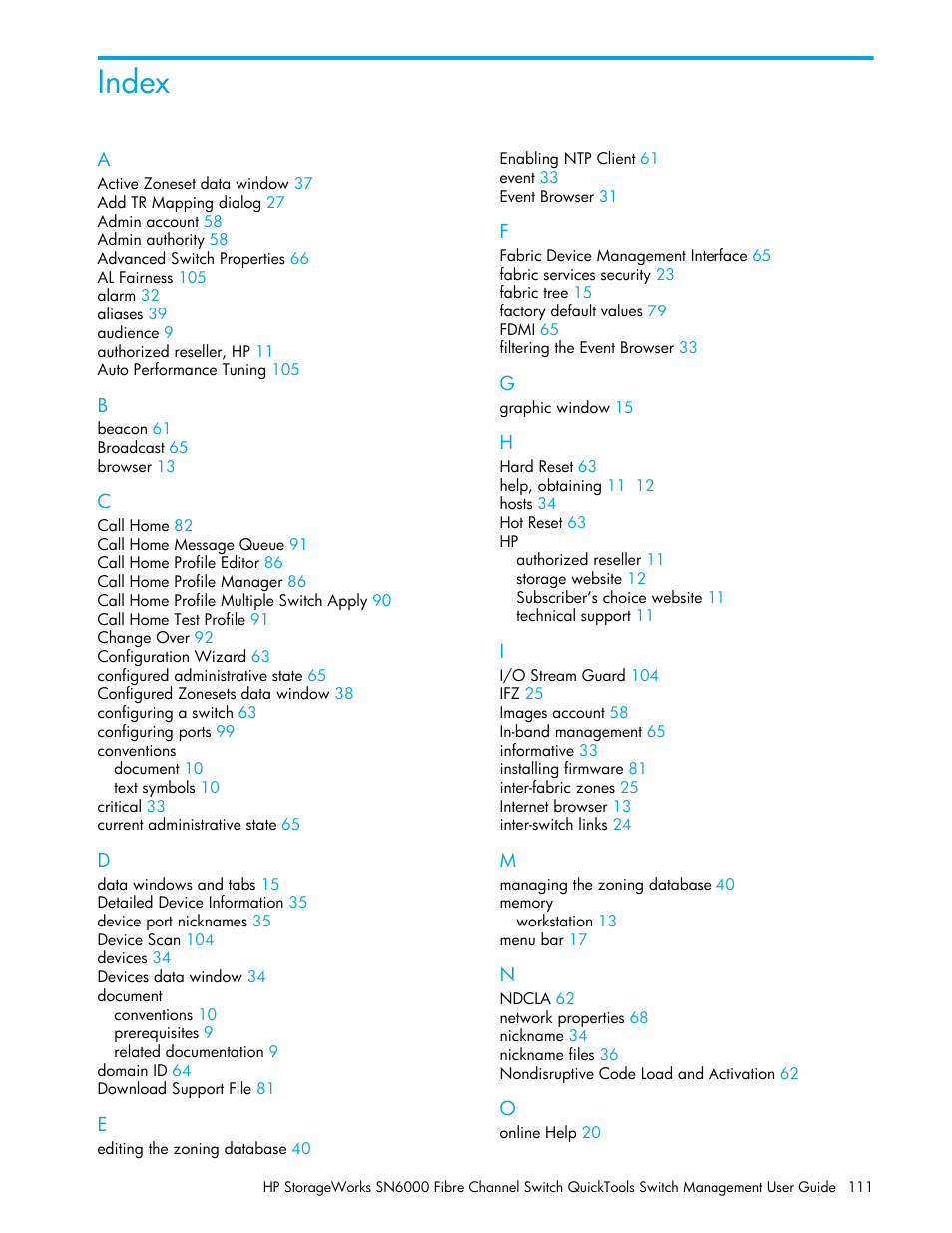 Index | HP SN6000 Fibre Channel Switch User Manual | Page 111 / 112