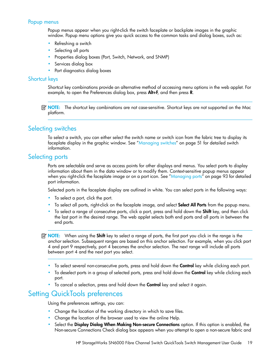 Popup menus, Shortcut keys, Selecting switches | Selecting ports, Setting quicktools preferences | HP SN6000 Fibre Channel Switch User Manual | Page 19 / 112