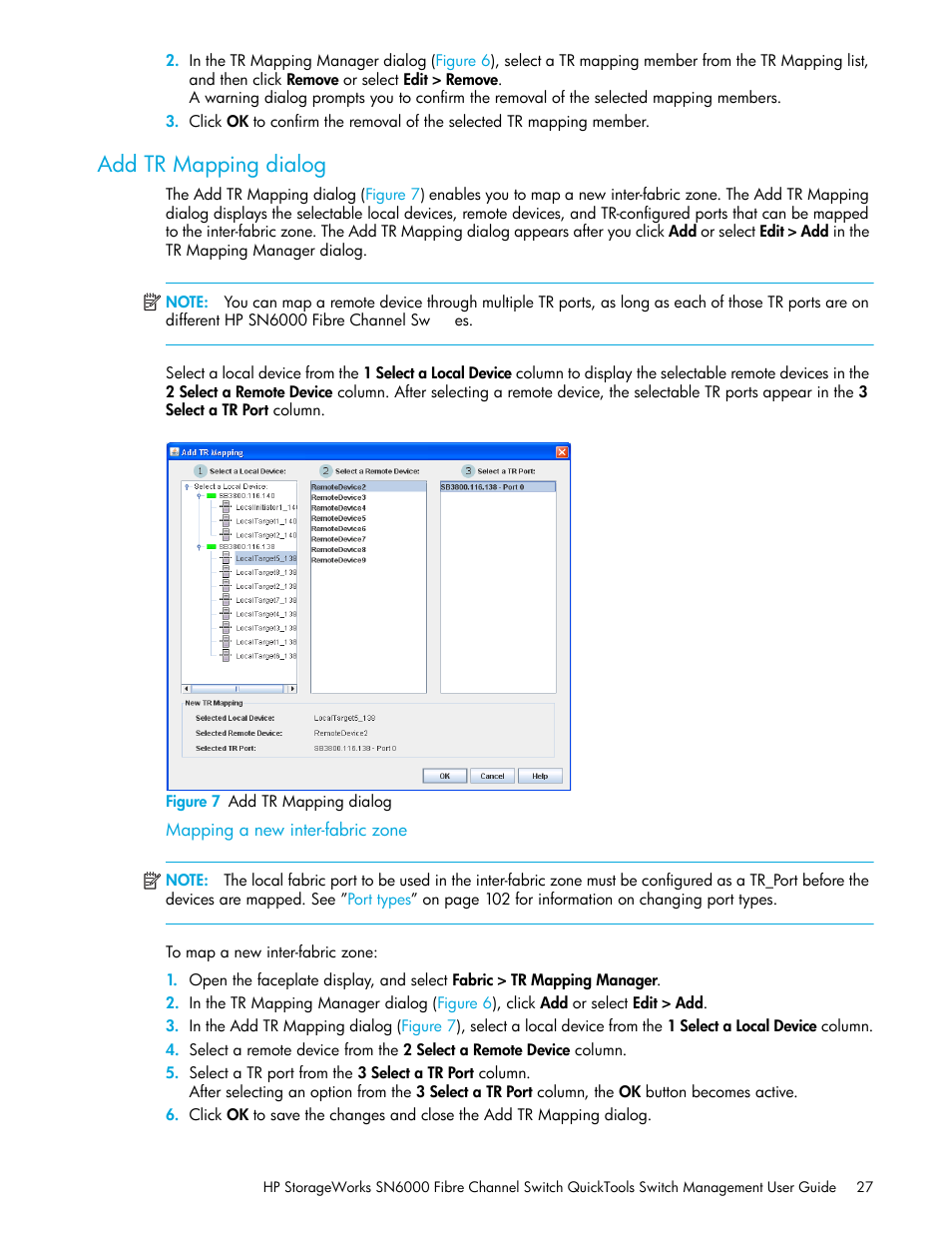Add tr mapping dialog, Figure 7 add tr mapping dialog, Mapping a new inter-fabric zone | 7 add tr mapping dialog | HP SN6000 Fibre Channel Switch User Manual | Page 27 / 112