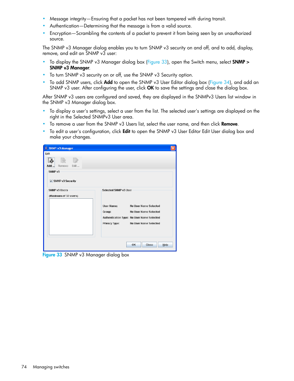Figure 33 snmp v3 manager dialog box, 33 snmp v3 manager dialog box | HP SN6000 Fibre Channel Switch User Manual | Page 74 / 112