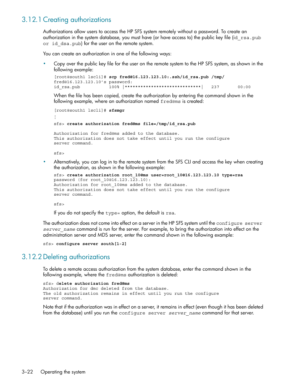 1 creating authorizations, 2 deleting authorizations, 1 creating authorizations -22 | 2 deleting authorizations -22, Creating authorizations (section 3.12.1), Deleting authorizations (section 3.12.2) | HP StorageWorks Scalable File Share User Manual | Page 54 / 362