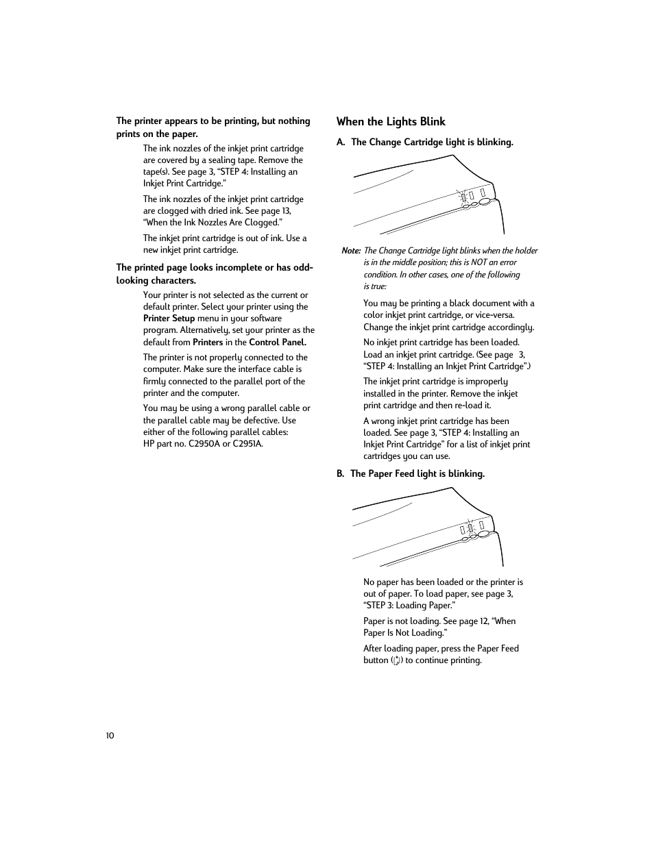 When the lights blink, A. the change cartridge light is blinking, B. the paper feed light is blinking | HP Deskjet 200cci Printer User Manual | Page 12 / 24