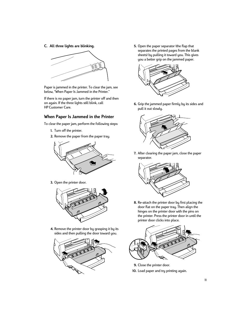 When paper is jammed in the printer | HP Deskjet 200cci Printer User Manual | Page 13 / 24