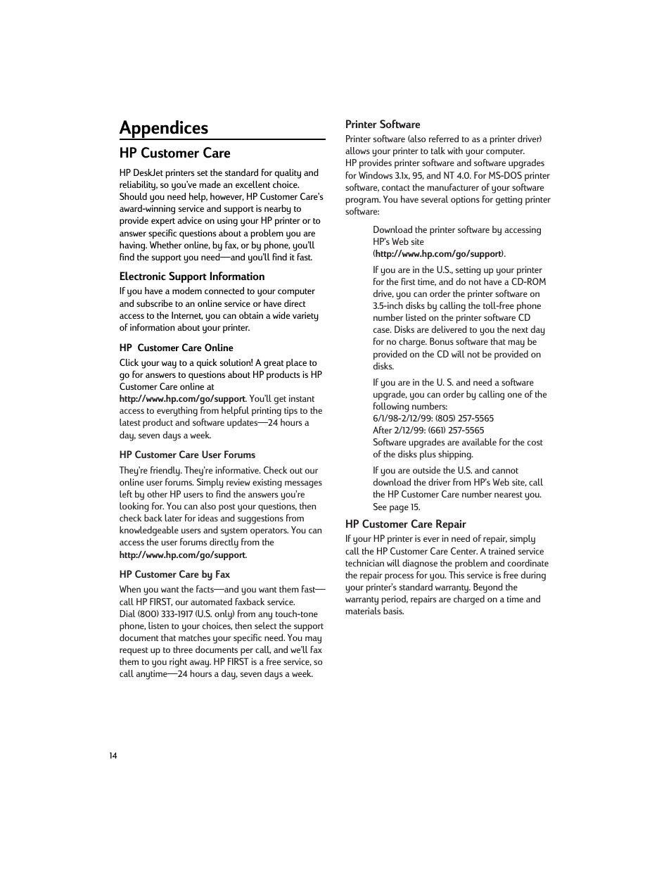 Appendices, Hp customer care | HP Deskjet 200cci Printer User Manual | Page 16 / 24
