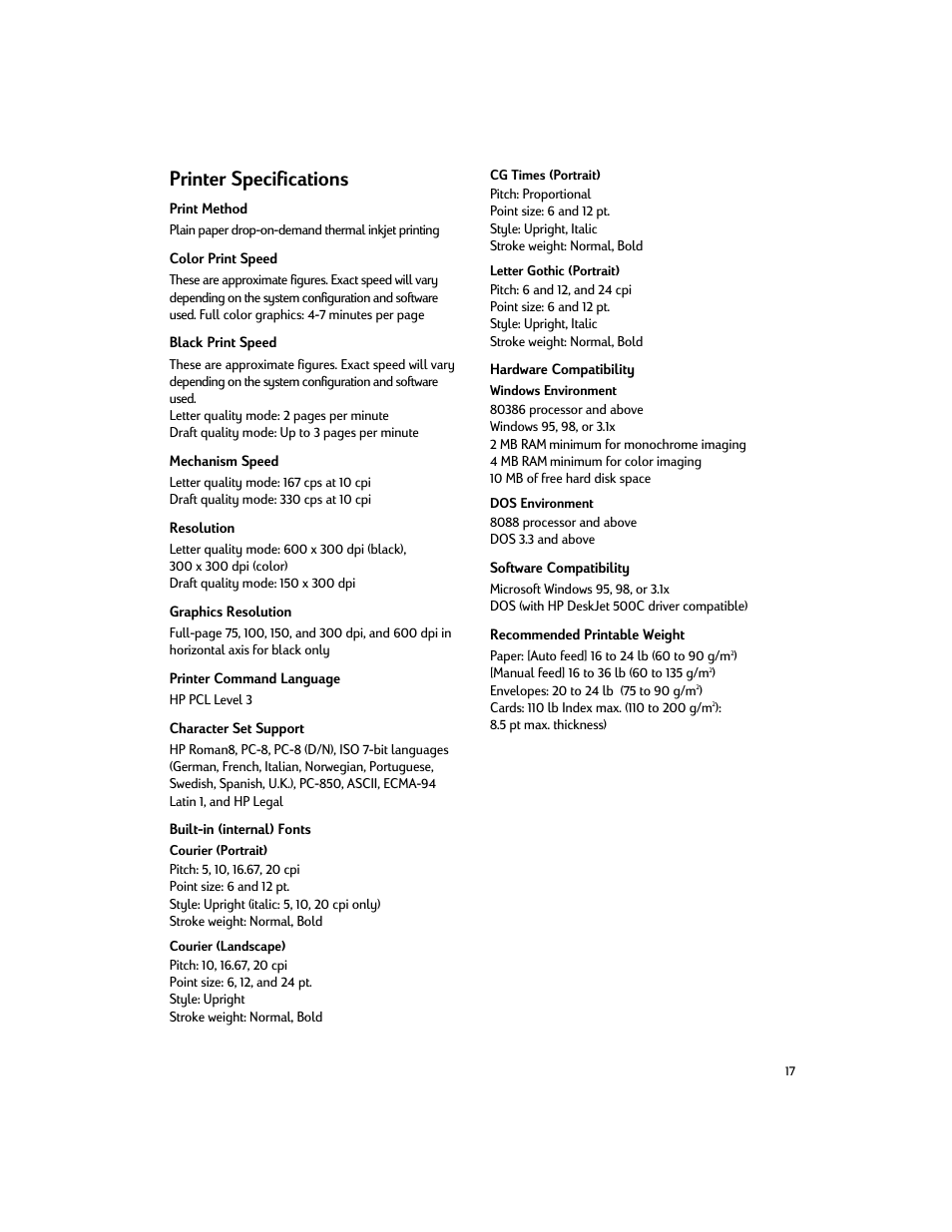 Printer specifications | HP Deskjet 200cci Printer User Manual | Page 19 / 24