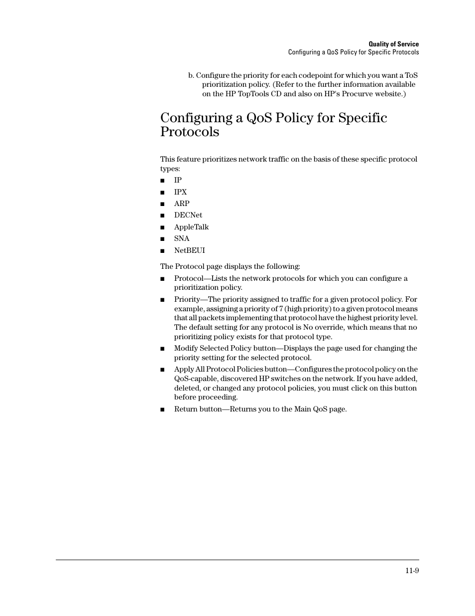 Configuring a qos policy for specific protocols | HP TopTools for Hubs and Switches User Manual | Page 137 / 234