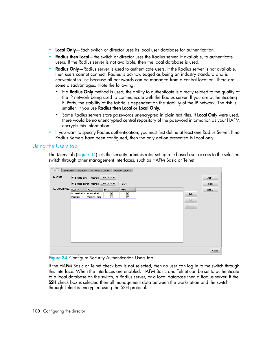 Using the users tab, 34 configure security authentication users tab | HP StorageWorks 2.140 Director Switch User Manual | Page 100 / 246