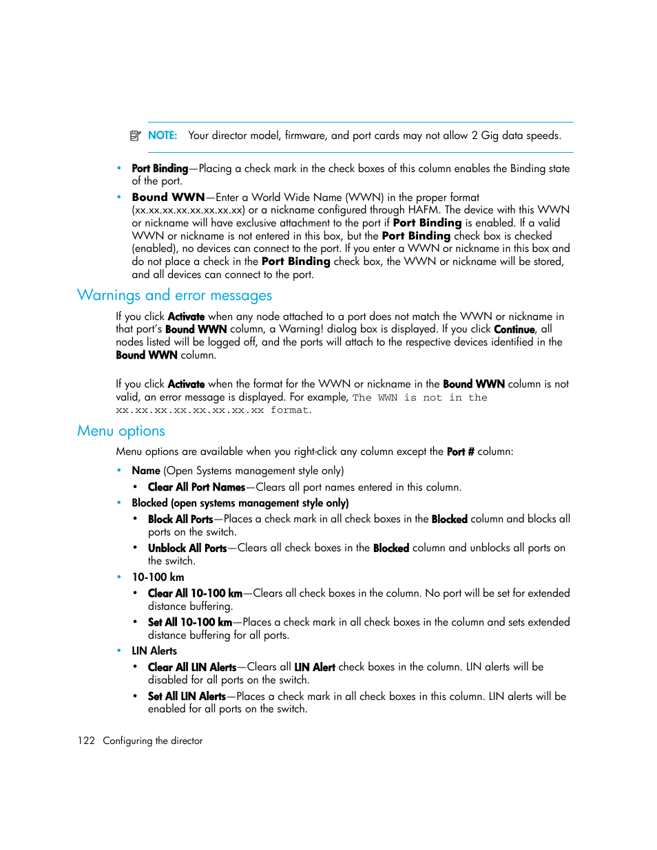 Warnings and error messages, Menu options | HP StorageWorks 2.140 Director Switch User Manual | Page 122 / 246