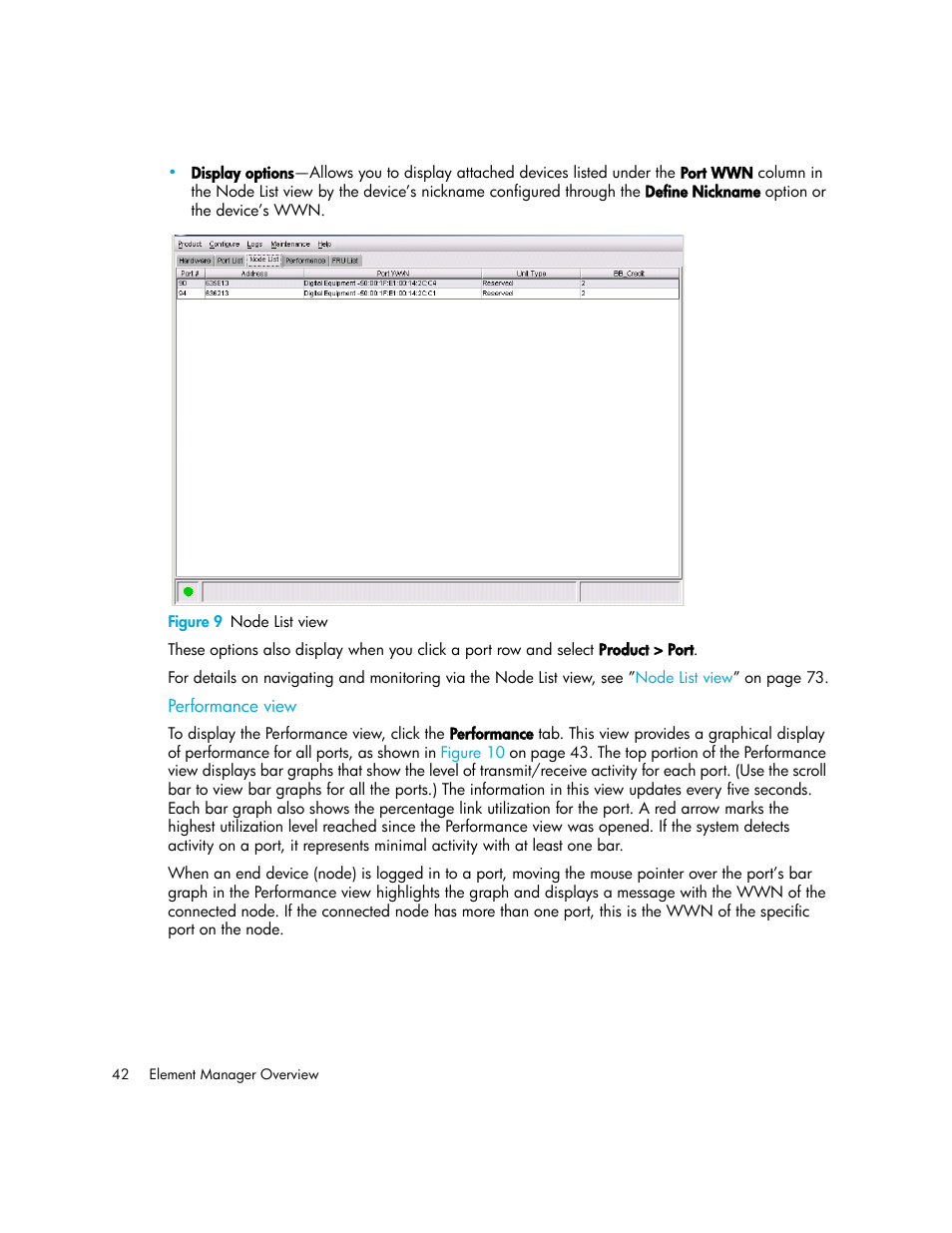 Figure 9 node list view, Performance view, 9 node list view | Figure 9 | HP StorageWorks 2.140 Director Switch User Manual | Page 42 / 246