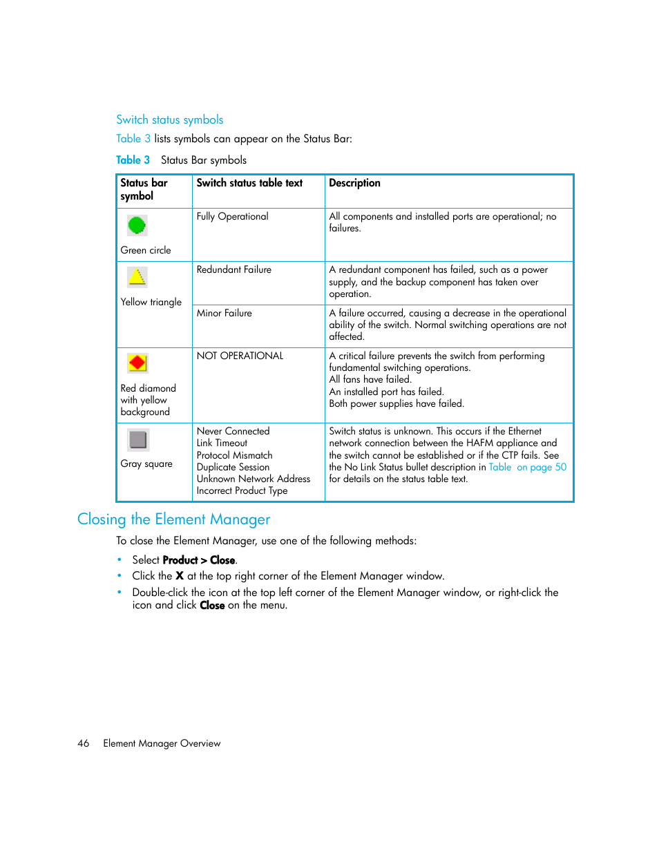 Switch status symbols, Table 3 status bar symbols, Closing the element manager | 3 status bar symbols, Table 3 | HP StorageWorks 2.140 Director Switch User Manual | Page 46 / 246