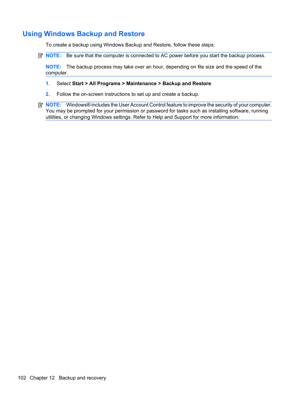 Using windows backup and restore | HP Compaq Presario CQ42-210AU Notebook PC User Manual | Page 112 / 119