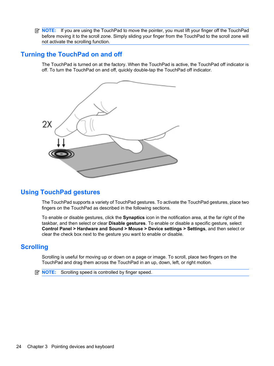 Turning the touchpad on and off, Using touchpad gestures, Scrolling | HP Compaq Presario CQ42-210AU Notebook PC User Manual | Page 34 / 119