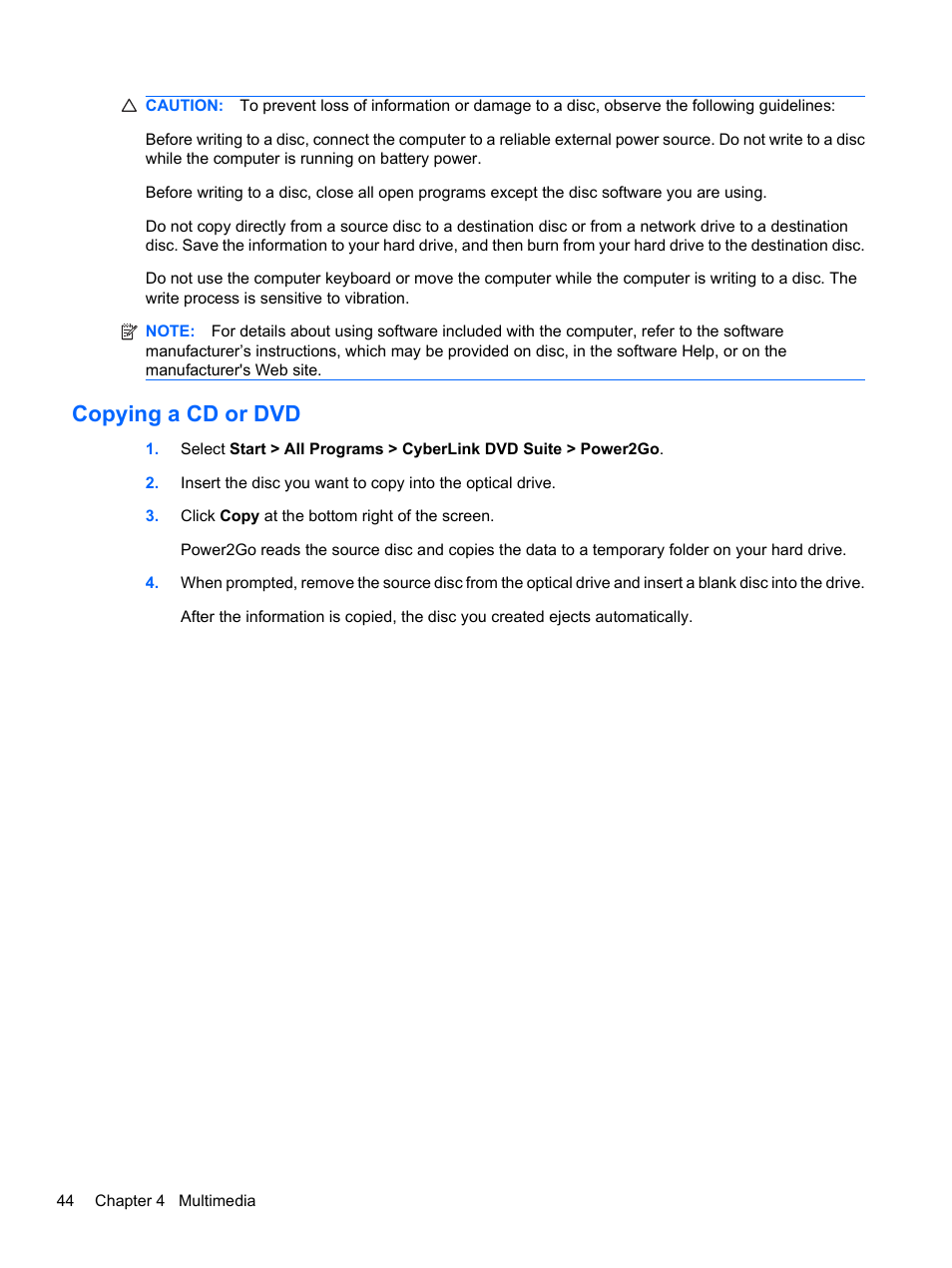 Copying a cd or dvd | HP Compaq Presario CQ42-210AU Notebook PC User Manual | Page 54 / 119