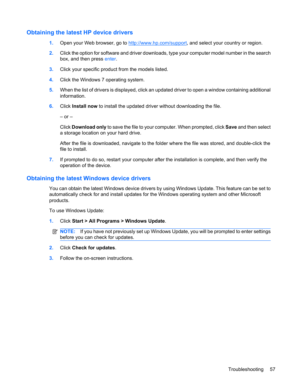 Obtaining the latest hp device drivers, Obtaining the latest windows device drivers | HP Compaq Presario CQ42-210AU Notebook PC User Manual | Page 67 / 119