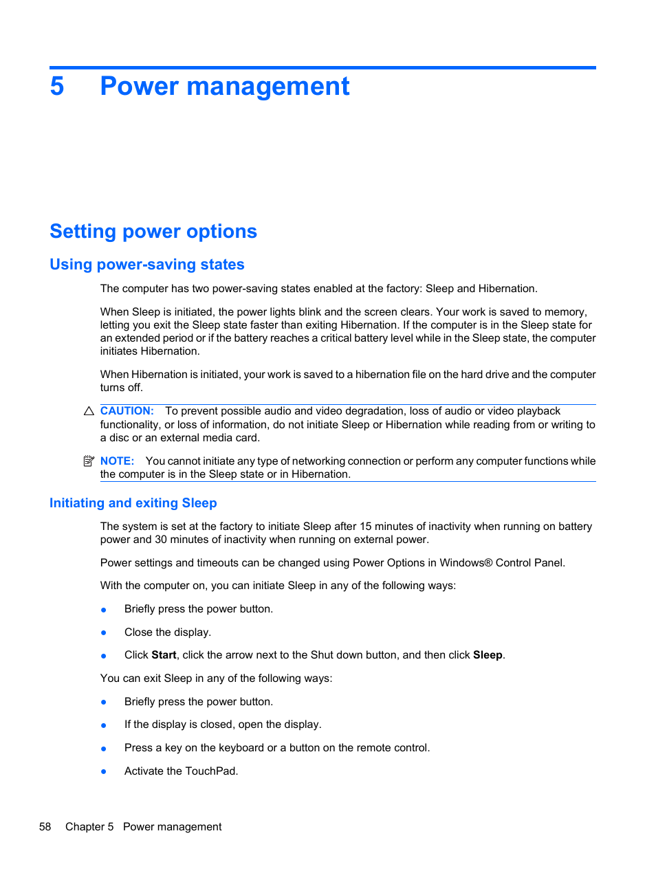 Power management, Setting power options, Using power-saving states | Initiating and exiting sleep, 5 power management, 5power management | HP Compaq Presario CQ42-210AU Notebook PC User Manual | Page 68 / 119