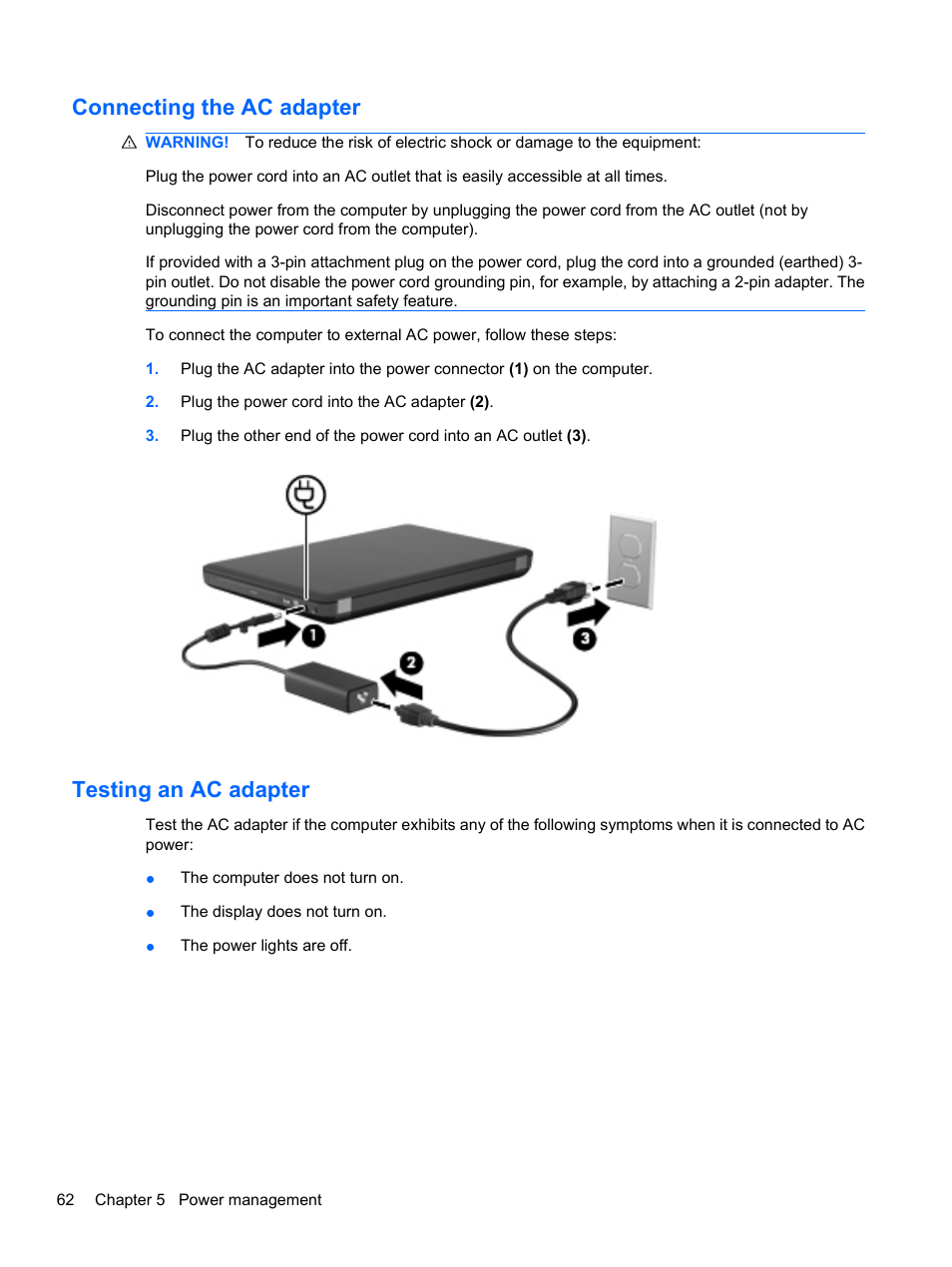 Connecting the ac adapter, Testing an ac adapter, Connecting the ac adapter testing an ac adapter | HP Compaq Presario CQ42-210AU Notebook PC User Manual | Page 72 / 119